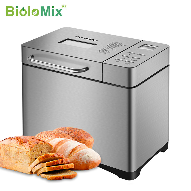 Biolomix-máquina automática de pan de acero inoxidable, 1KG, 19 en 1, 650W, programable, con 3 tamaños de pan, dispensador de frutas y nueces
