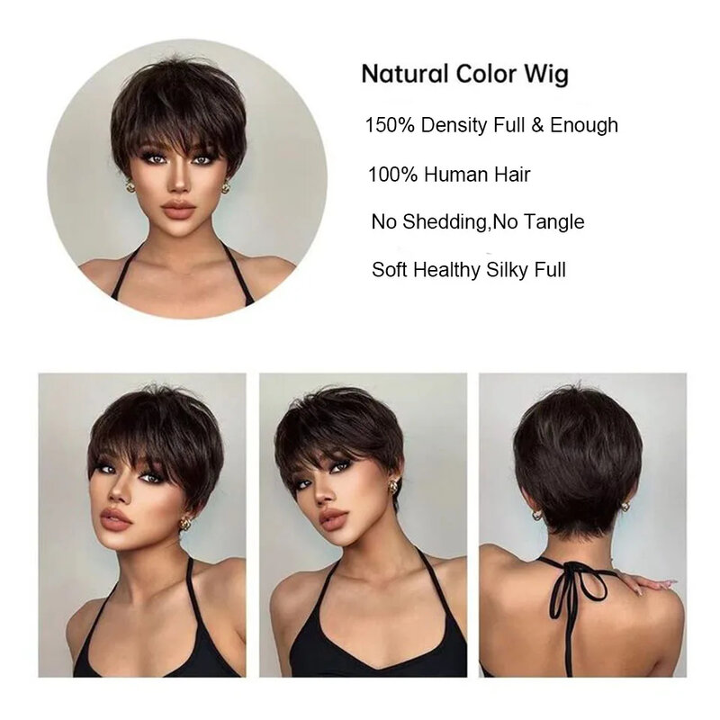 Short Bob Wigs Human Hair Pixie Cut Wigs with Bangs Straight Natural Black Remy Human Hair For Brazilian Afro Women Glueless Wig