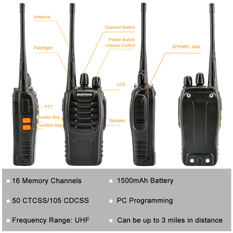 2 buah/pak Walkie Talkie Baofeng BF-88E PMR 16 saluran 400-470MHz lisensi Radio gratis dengan pengisi daya USB dan Earpiece