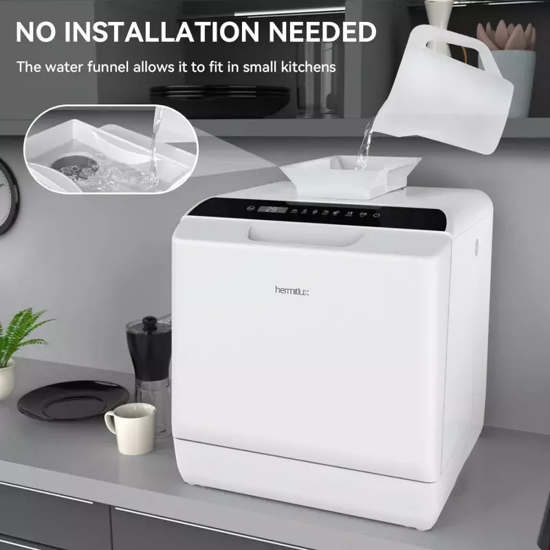 Hermitlux Countertop Dishwasher, 5 Washing Programs Portable Dishwasher With 5-Liter Built-in Water Tank, No Hookup Needed