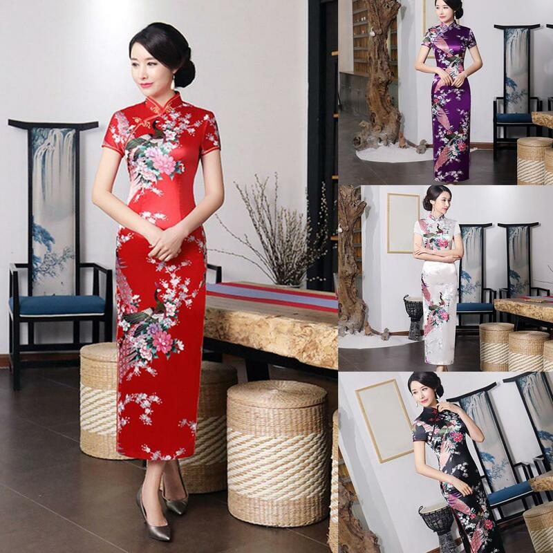 Fantástico vestido de estilo étnico para mujer, Cheongsam de estilo chino, manga corta, ajustado