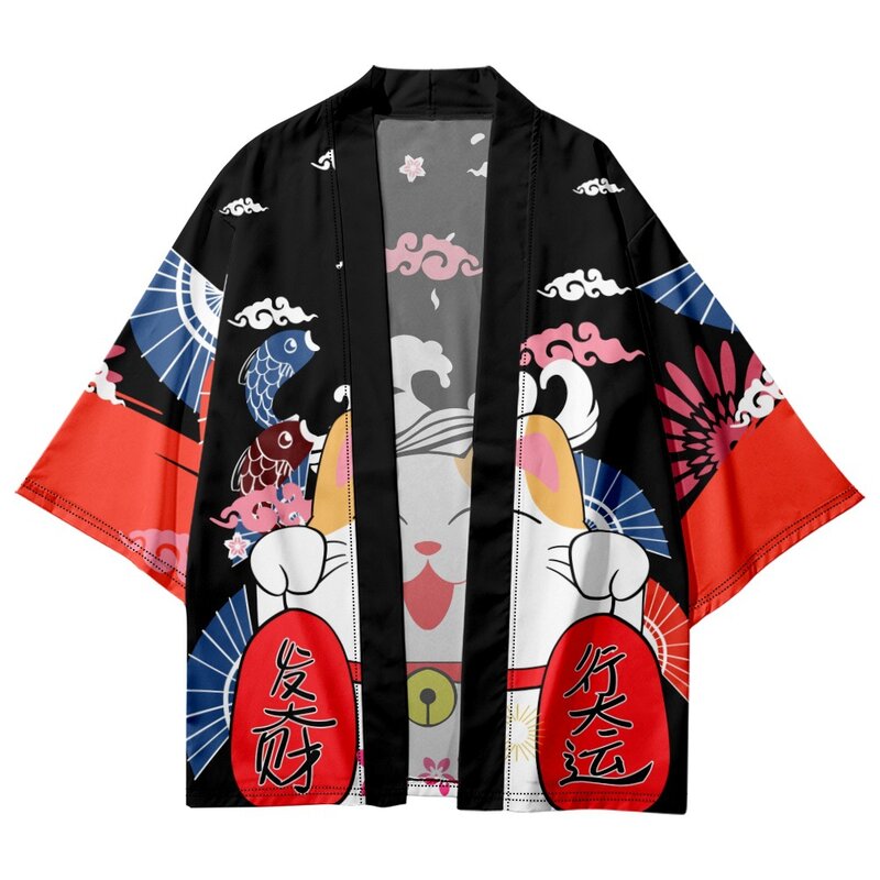 Japanische Cartoon Glückliche Katze Strickjacke Kimono Frauen Männer Haori Cosplay Tops Shirts Mode Lässig Strand Yukata Plus Größe 6XL 5XL