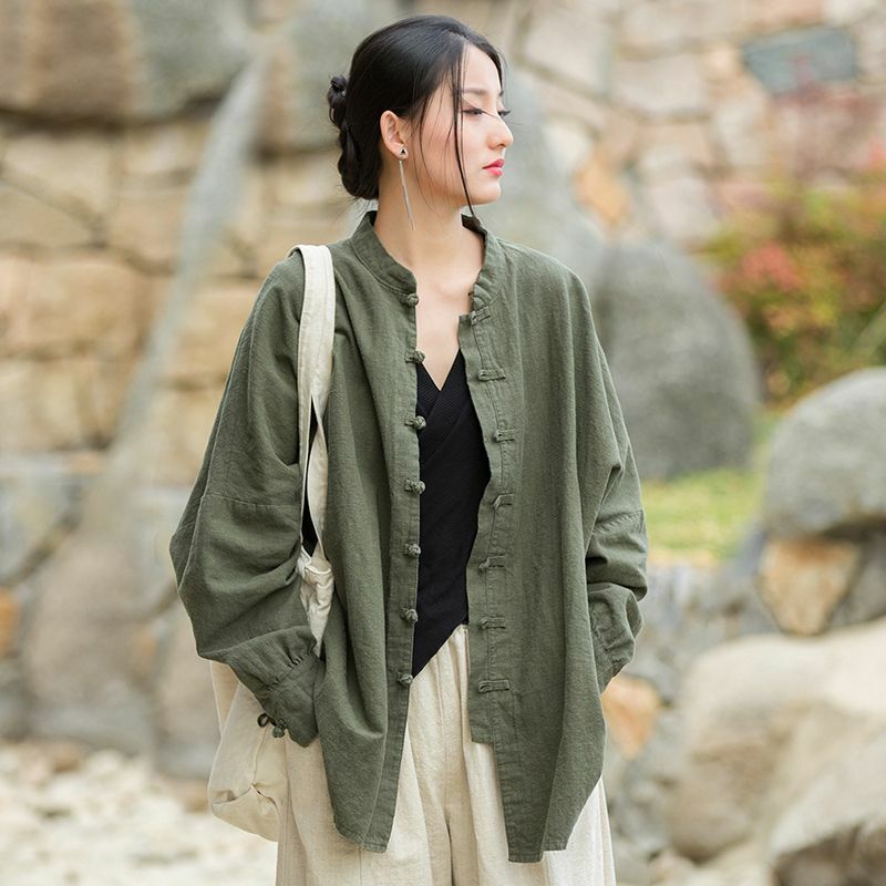 Kemeja Vintage wanita, baju musim gugur minimalis leher O, nyaman, longgar, santai, polos, gaya China, baru