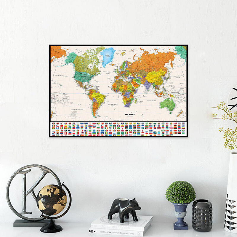 Mapa del mundo Retro con banderas de país, póster de diario Vintage, póster personalizado de Atlas, suministros de oficina, decoración del hogar, 75x50cm