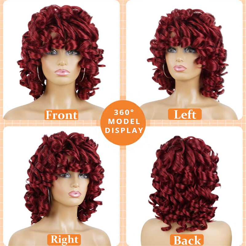 Wig keriting merah untuk wanita hitam wig keriting Burgundy longgar pendek untuk wanita wig rambut sintetis keriting tahan panas pengganti rambut