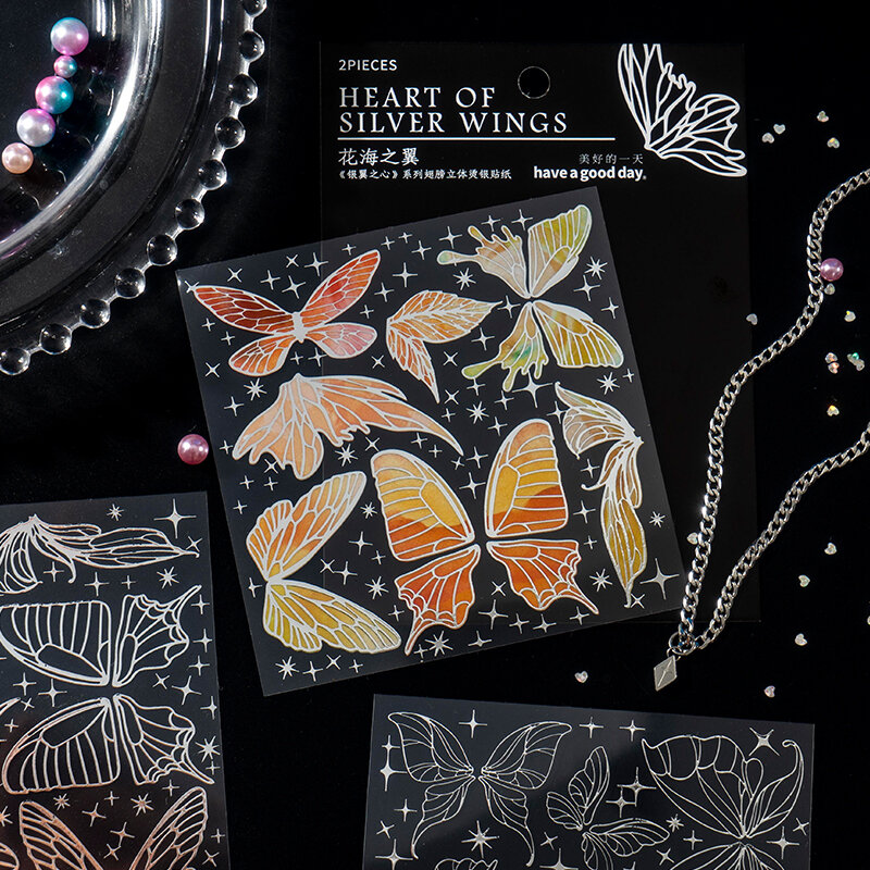 2 Lembar Daun Peliharaan Stiker Warna Sayap Malaikat Transparan Kertas Buku Tempel Tangan Bahan Akun Sayap Kupu-kupu Alat Tulis Dekorasi