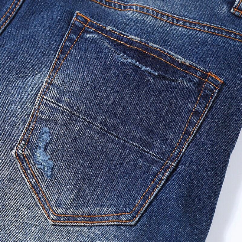 Fashion Streetwear Men Jeans Retro Dark Blue Stretch Skinny Fit Ripped Jeans Men Printed Patched Designer Hip Hop Brand Pants