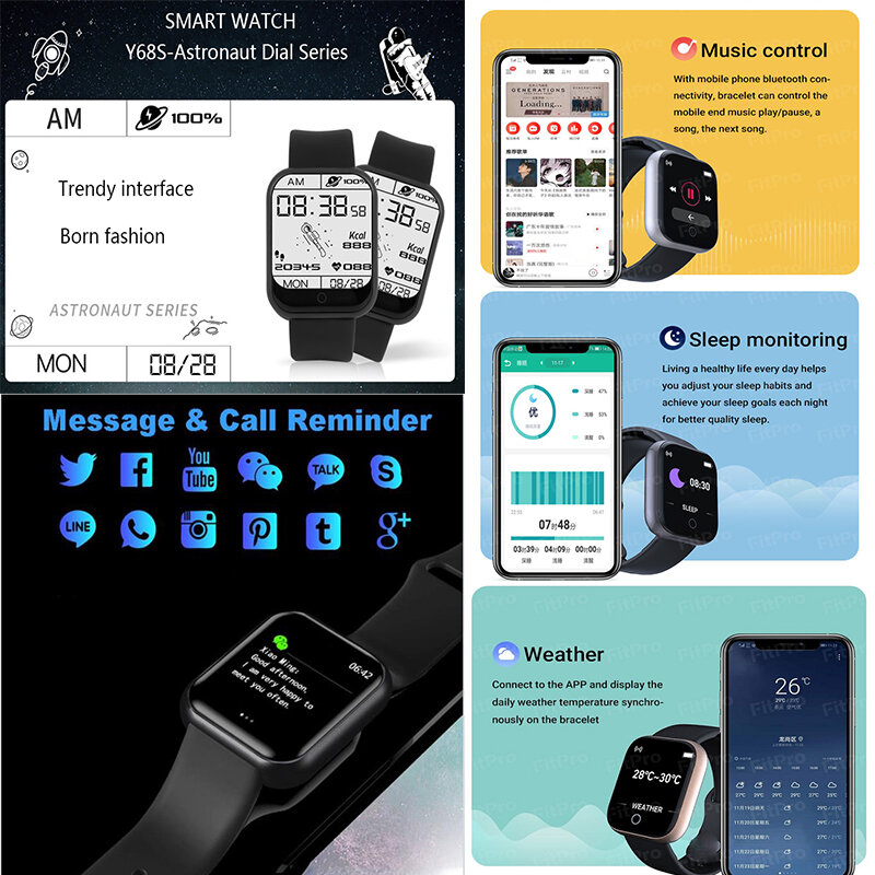 Wristwatch Fitness Y68 Color Screen Smart Sport Bracelet Activity Running Tracker Heart Rate For Children Men Women Watch Hours