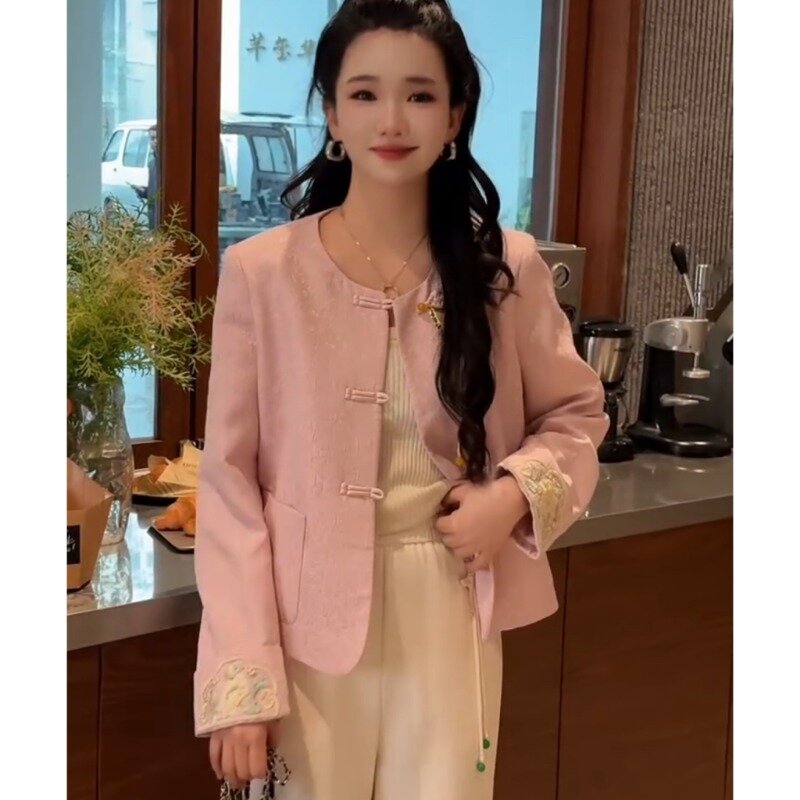UNXX-jaqueta retrô bordada hanfu estilo chinês para mulheres, gola redonda, manga comprida, terno Tang elegante, estilo melhorado, primavera, outono, 2024