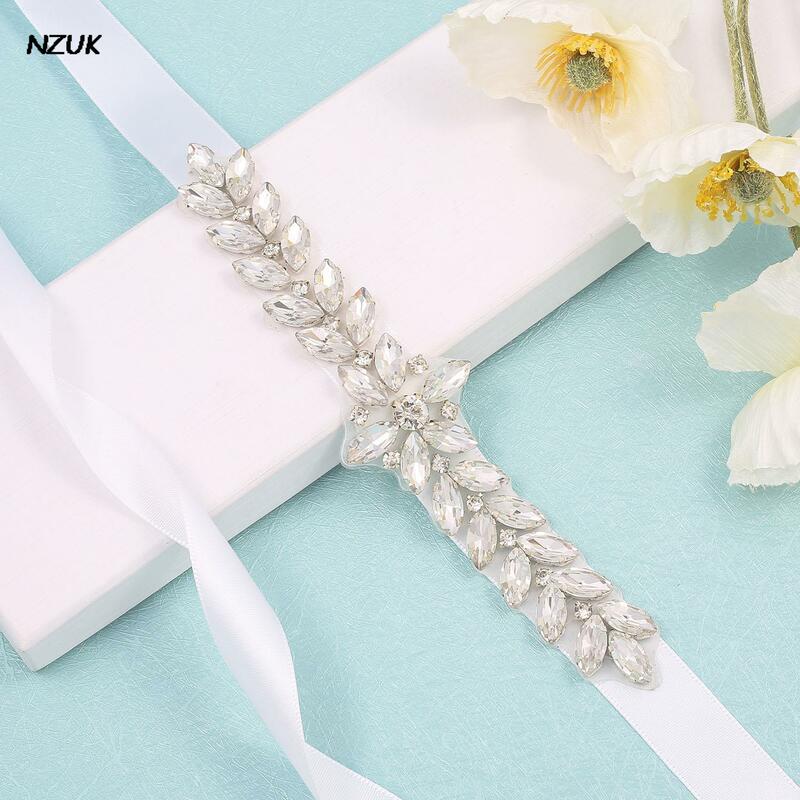 NZUK-Cinturón de boda daimony, faja nupcial con flores de cristal, diamantes de imitación plateados, faja de boda para vestidos de dama de honor, cinturón de novia