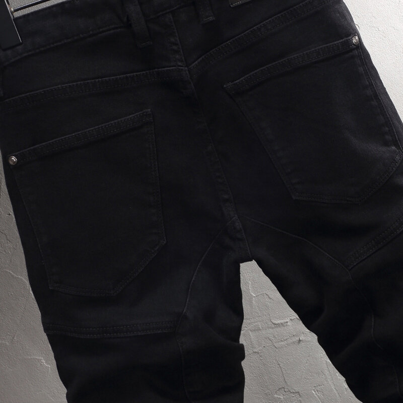 Streetwear Fashion celana Jeans pria, celana Denim Hip Hop terbelah, Jeans ketat warna hitam elastis untuk lelaki