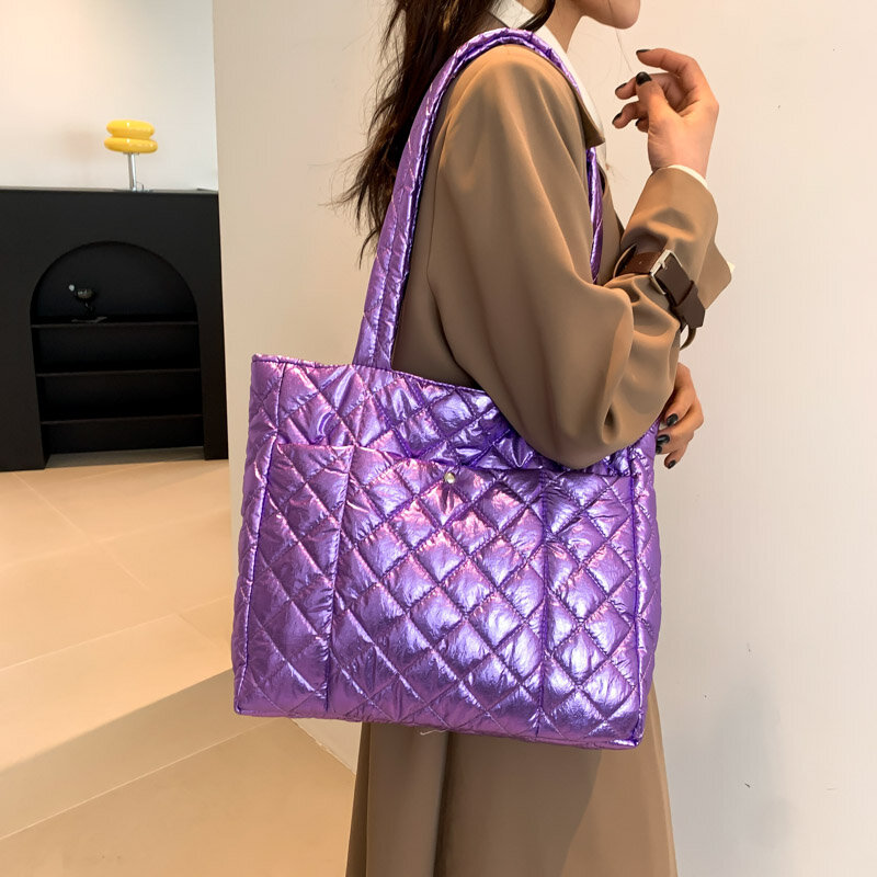 Waterproof Women's Bag Shopper Fashion Zipper Handbag Nylon Padded Quilted Large Capacity Tote Shoulder Bag Luxury Purple Bolsos