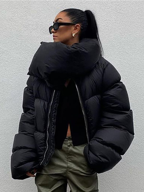 Zima w stylu Casual, czarny Oversized warstwa bąbelkowa dla kobiet 2022 moda Zipper kołnierz szalik krótkie bufiaste kurtki zielona Parka Streetwear