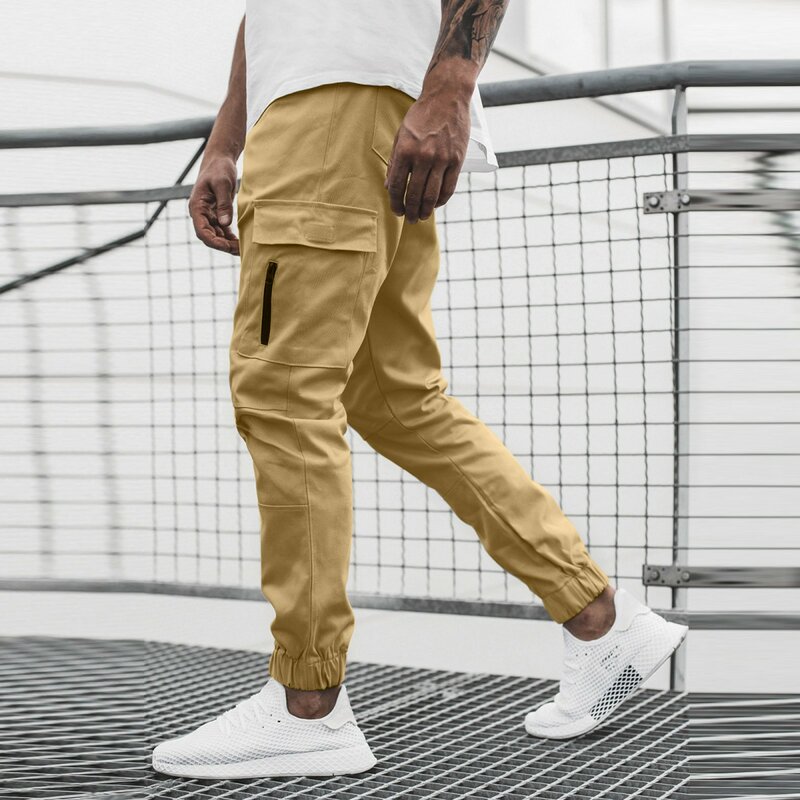 Men Summer Cargo Pants Casual Breathable Fashion Solid Color Zipper Pocket Drawstring Loose Sweatpants Hiking Fishing Trousers