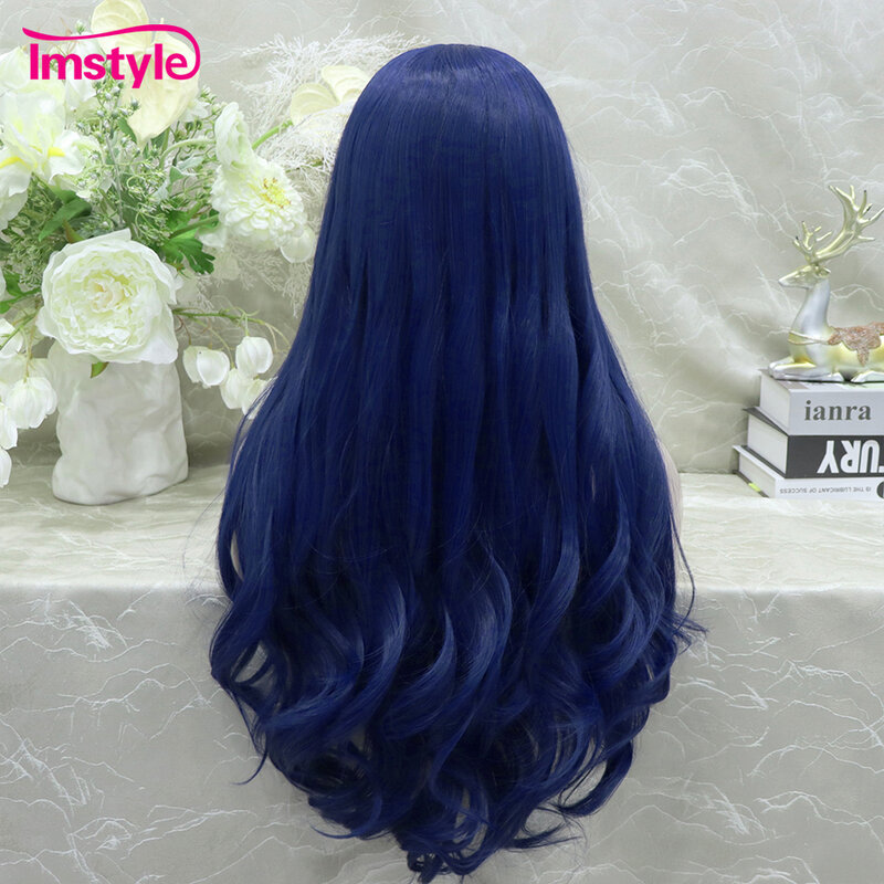 Синий парик Imstyle, парик на синтетической сетке спереди, длинные волнистые парики на сетке для женщин, натуральные волосы, без клея, термостойкий парик для косплея