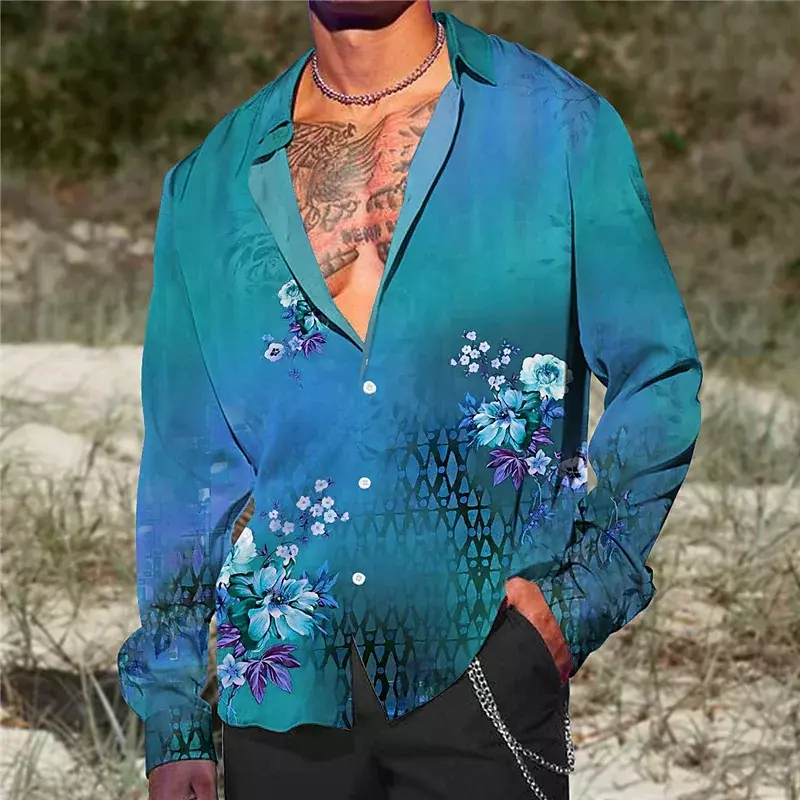 Fashion men's shirt lapel casual ink painting flowers and butterflies outdoor retro high-quality material tops 2023 new