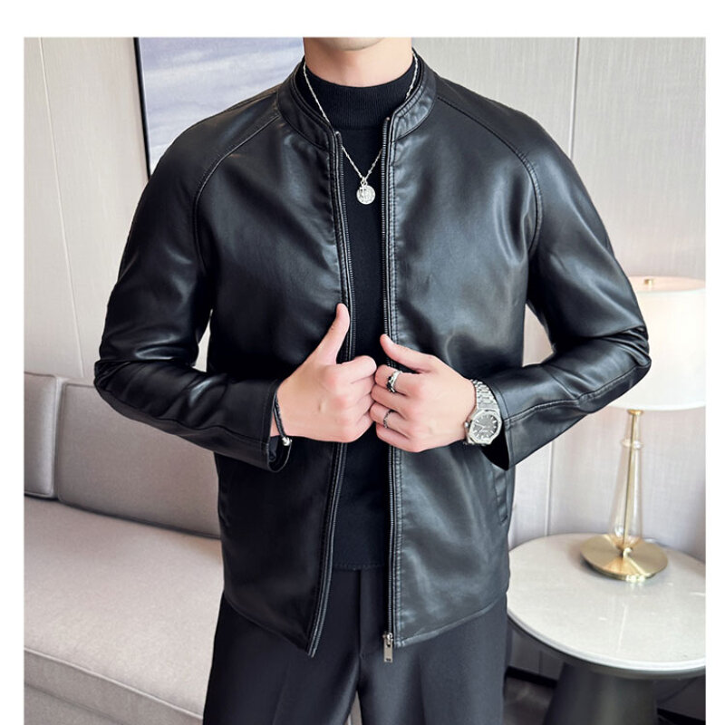 メンズブラックレザーボンバージャケット,ファッショナブルなバイクジャケット,個性的な服,韓国版