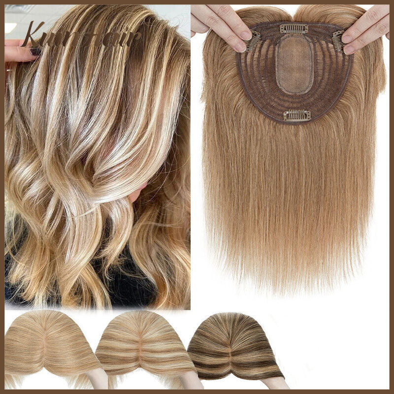 Peluca de cabello humano liso para mujer, Base superior de seda transpirable con Clip de flequillo, 100% Real, Natural, 12x13cm