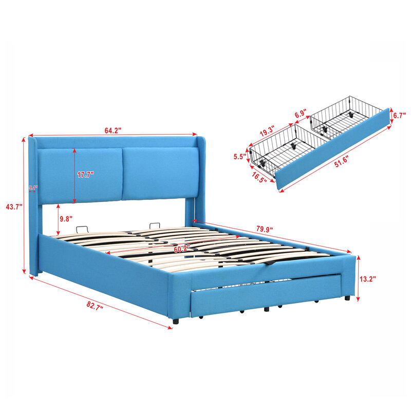 Королевский размер хранения мягкая гидравлическая платформа кровать с 2 ящиками, синий