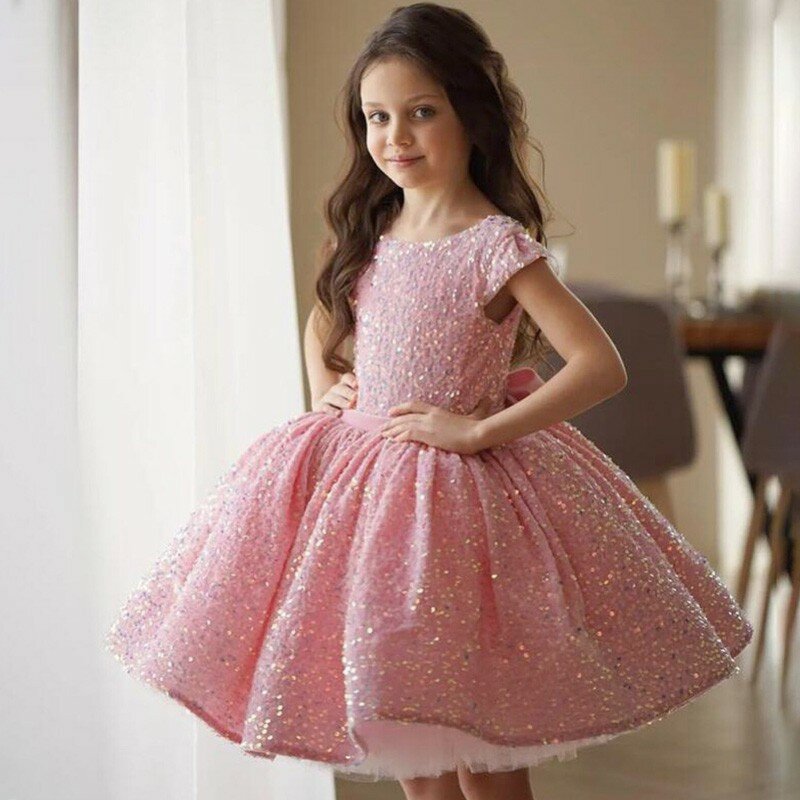 Różowa dziewczyna kwiatowa sukienki na ślub bufiaste cekinowe błyszczące wieczorowe na imprezę bal pierwszej komunii konkurs księżniczki piłka dla dzieci suknie