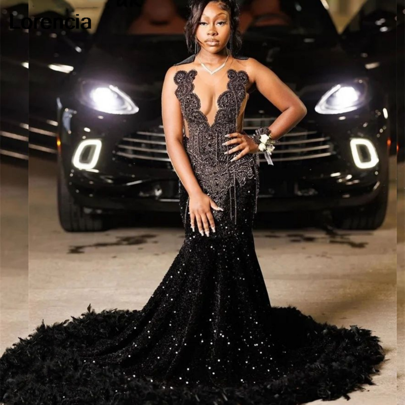 Luksusowa sukienka na studniówkę czarne cekiny Lorencia dla czarnej dziewczyny 2024 diamentowa kryształowa szata suknia na przyjęcie urodzinowe Soiree YPD47