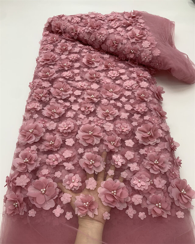 2024 ultimo tessuto di pizzo fiore africano 3D Dubai paillettes Tulle tessuto di pizzo ricamato Applique tessuto nigeriano per cucire