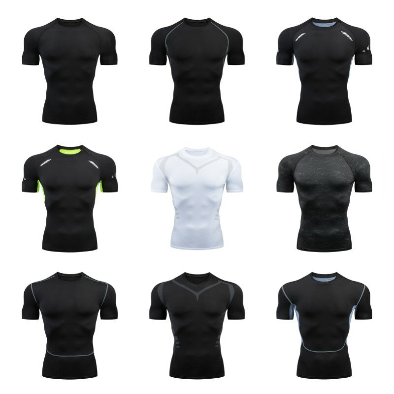 男性用半袖コンプレッションシャツ、ラッシュガード、速乾性、フィットネス、サイクリング、ランニング、トレーニング、トレーニング、下着、ジムウェア