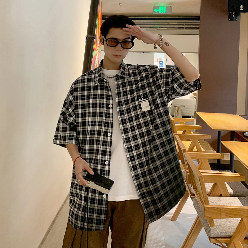 Neue lose cityboy hemden männer sommer koreanische streetwear vintage kurzarm revers lässig kariertes übergroßes hemd männer kleidung