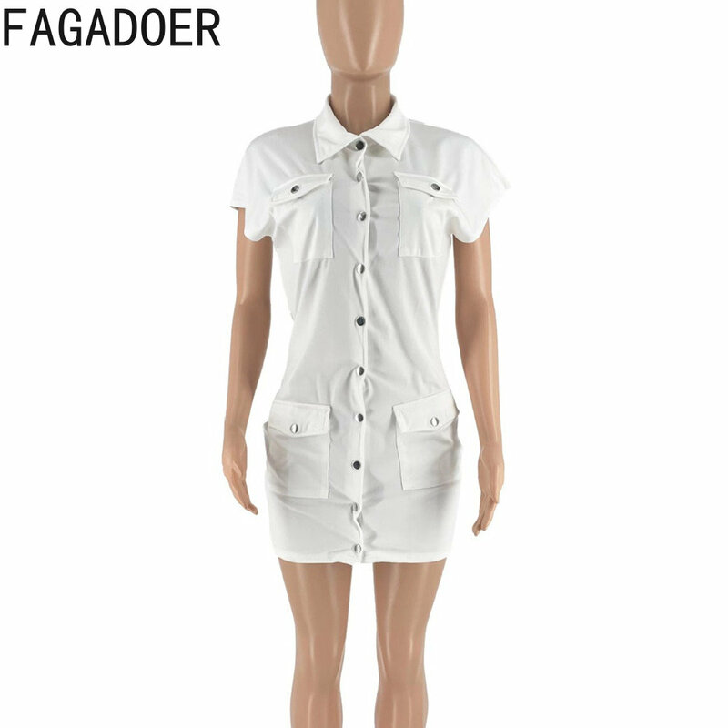 FAGADOER-Mini robe à boutons pour femmes, col en V, manches courtes, poche, batterie sexy, streetwear féminin éducatif, vêtements de club de fête, 2023