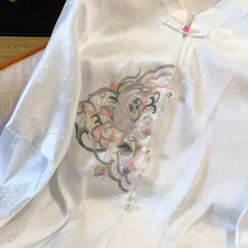 Satin Chinese Style Women's Shirts Silk Embroidery Blouses Vintage Clothing Spring/Summer Loose Floral Tops 2024 Korean