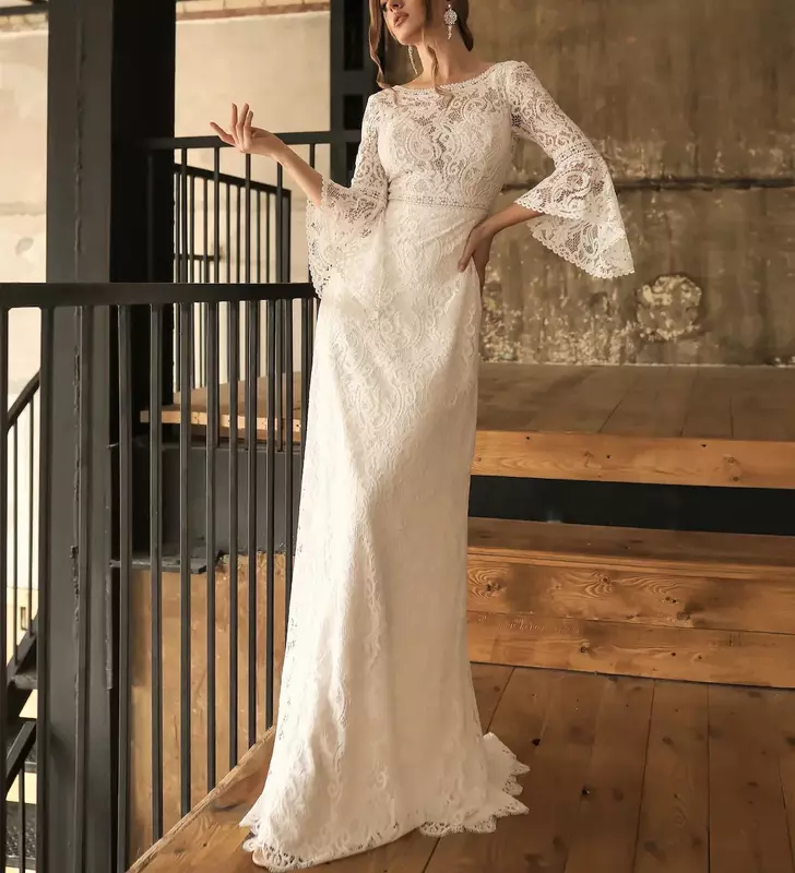 Женское свадебное платье с юбкой годе, винтажное платье с круглым вырезом, коротким рукавом, длинным рукавом, лямкой на шее и переводной картинкой, платье невесты со шлейфом, 2024