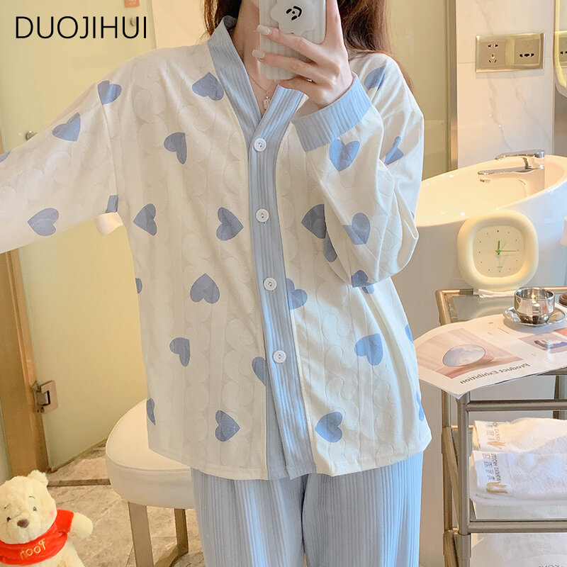 Duojihui Herbst zweiteilige süße einfache weibliche Pyjamas Set V-Ausschnitt Strickjacke grundlegende lose Hose Mode lässig nach Hause Pyjamas für Frauen