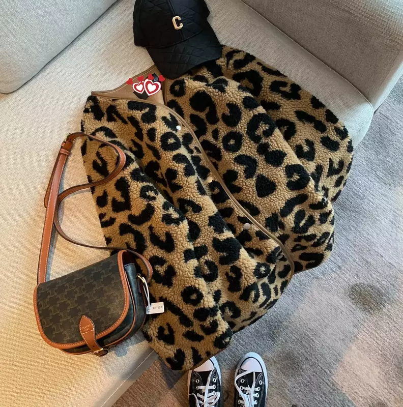 QNPQYX New Fashion Leopard Print Fur One-piece Short Jacket Women Spring and Autumn Korean Loose Casual Thick Tops