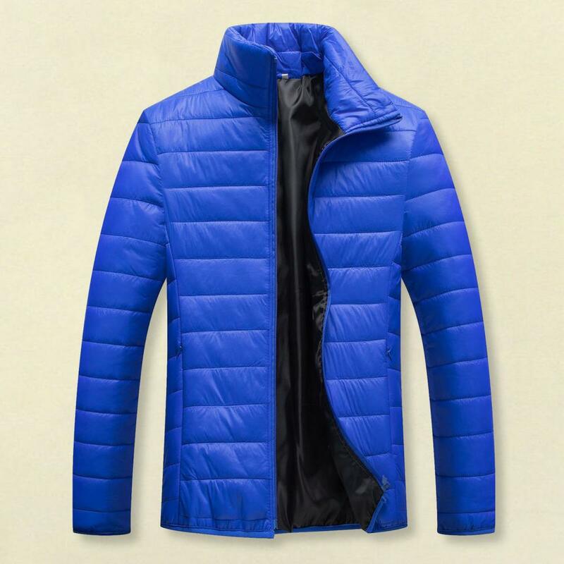 Mantel katun musim dingin pria, mantel katun warna polos dengan kerah berdiri, hangat empuk tahan angin lembut untuk pria