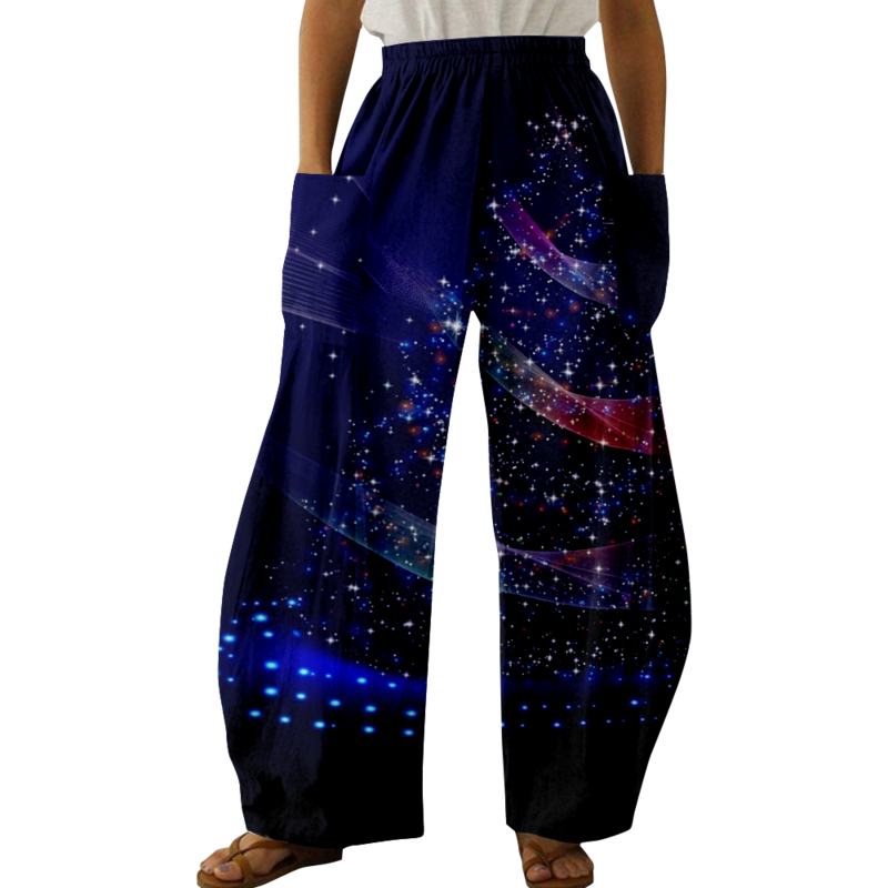 Calças elegantes com estampa galaxy para mulheres, calça casual extragrande Y2K para meninas, bolso criativo, perna larga, primavera e verão