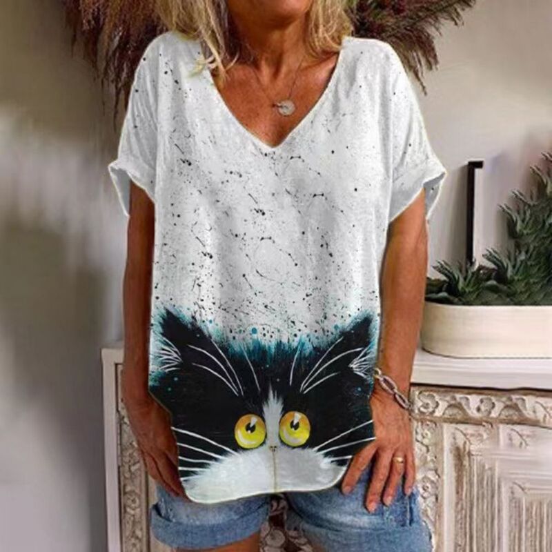 2024 여성용 오버사이즈 3D 새끼 고양이 패턴 프린트 티셔츠, 스트리트 웨어, 캐주얼 루즈 풀오버, 반팔 상의, 5XL, 여름