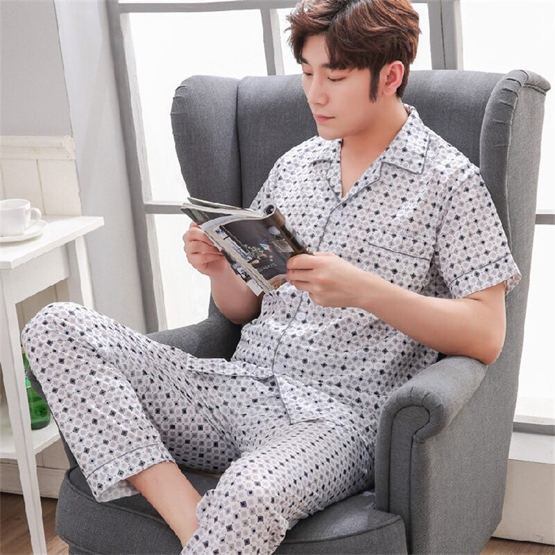 Summer Men's Thin Knitted Cotton Pajamas Short Sleeve Pants Fashion Loose Fit Casual Oversized Home Clothing Set