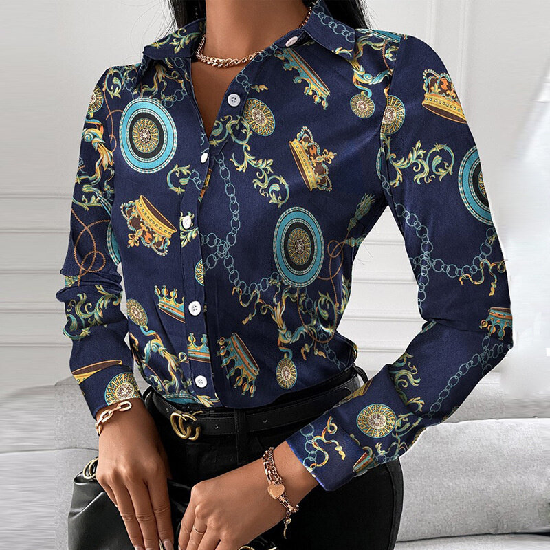 Camisas Y Blusas 여성용 빈티지 프린트 오버사이즈 캐주얼 셔츠, 트렌디한 긴팔 셔츠 및 블라우스 탑, 스트리트웨어 Y2k 의류