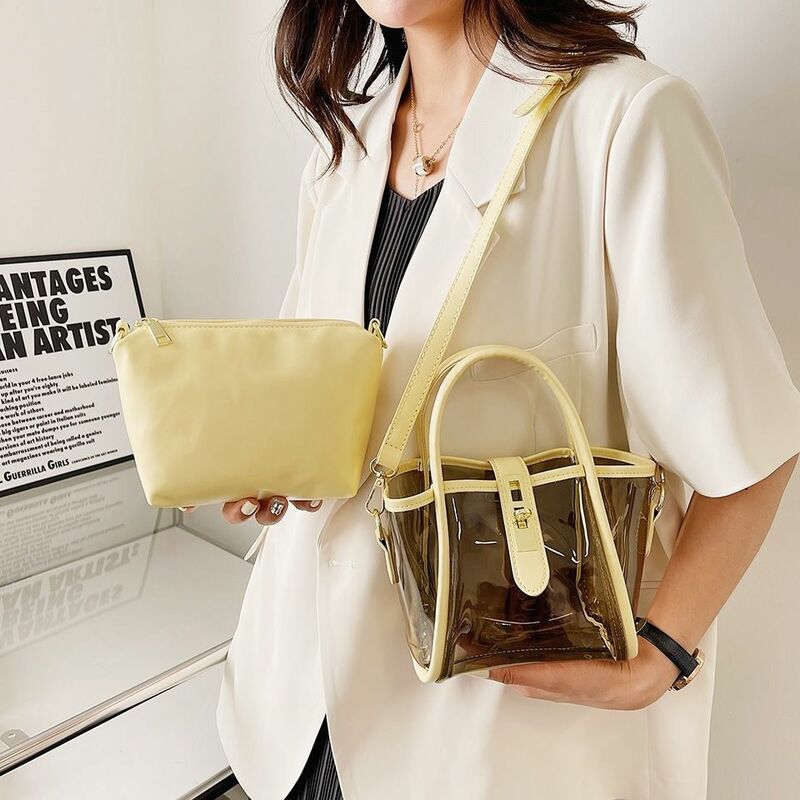 PVC Transparent Candy Color Jelly Bag for Women 2023 New Summer Fashion 2pcs Pink Simple Design Shoulder Bag for Women