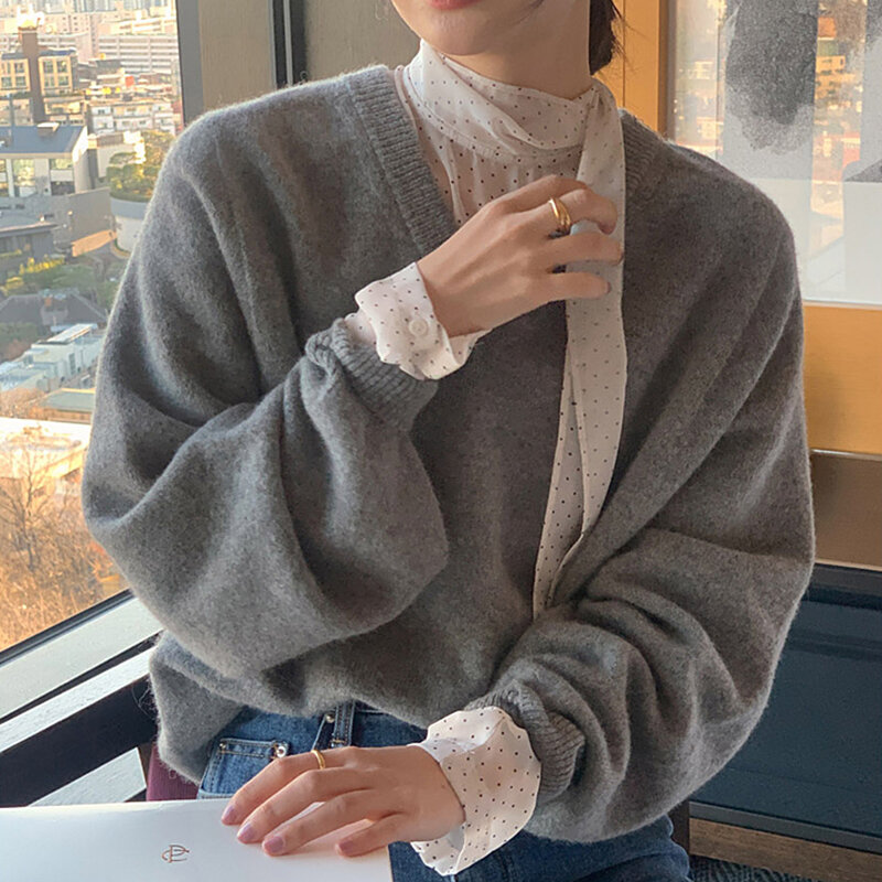 Корейская шикарная Весенняя французская нежная рубашка с воротником-стойкой и контрастным дизайном в горошек, свободная и универсальная рубашка с длинным рукавом