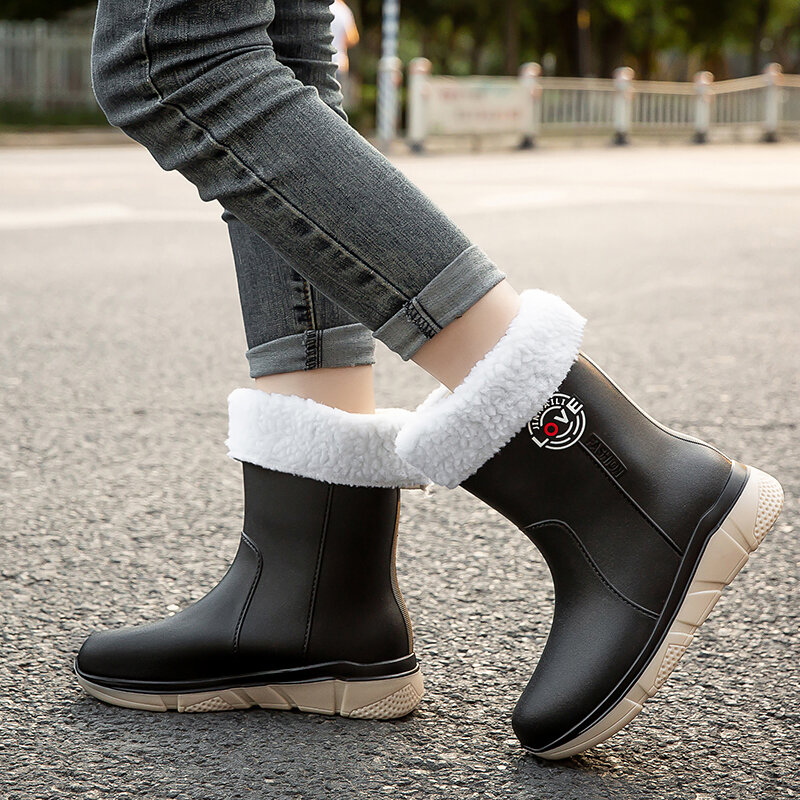 STRONGSHEN-Botas de lluvia para mujer, zapatos de goma impermeables para exteriores, botines de felpa de algodón informales a la moda, zapatos de trabajo