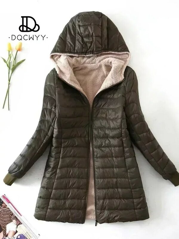 여성용 중간 길이 후드 핏 플러스 플리스 코튼 코트, 따뜻한 램 플리스 파카, 겨울 재킷, 한국 에디션, 신상