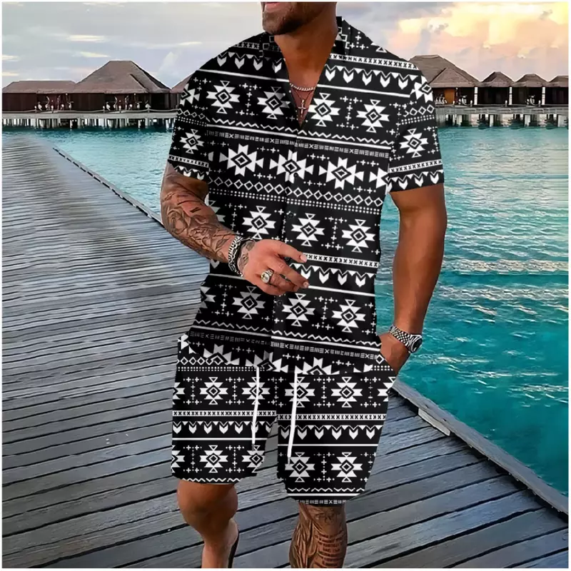 Hawaii aztekische Elemente Knopf hemden Shorts setzt Farben Geometrie Streetwear Strand Trainings anzüge Hip Hop lässige Herren bekleidung