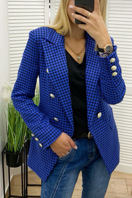 Women's New Sexy Fashion Leisure Commuting Versatile Vacation Style Checkered Printed Button Long Sleeved Suit Coat