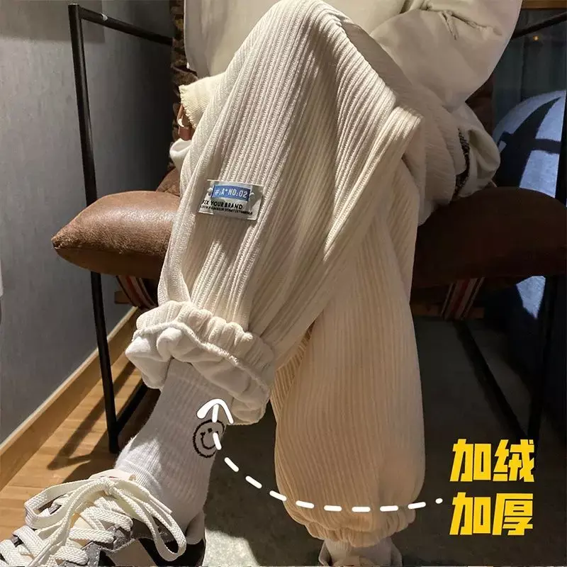 Celana korduroi versi Korea untuk pria, celana panjang lurus longgar beludru tebal gaya baru ukuran plus musim gugur dan musim dingin