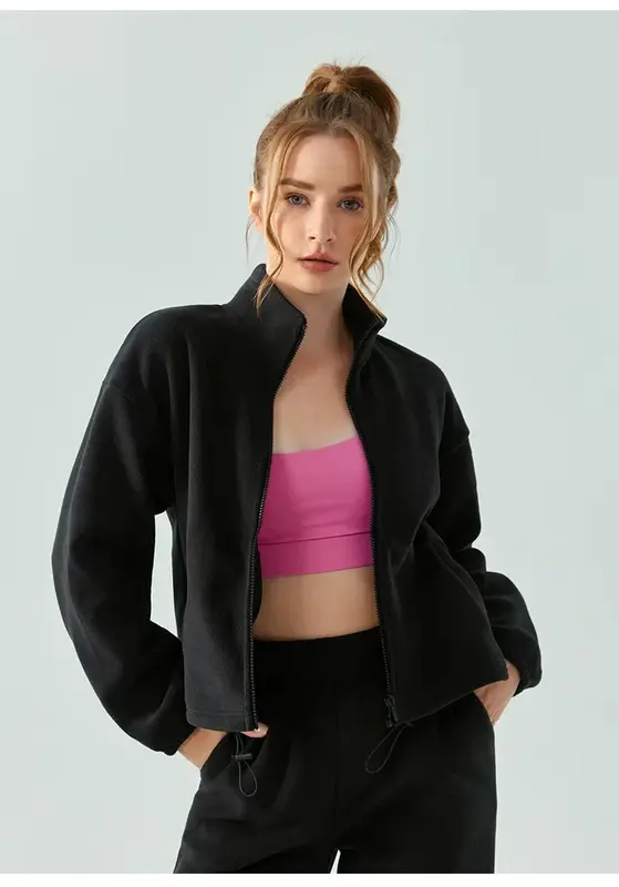 여성용 야외 방풍 스탠드 칼라, 오스트리아 벨벳 지퍼 스웨터, 두꺼운 느슨한 따뜻한 겨울 플러스 벨벳 피트니스 코트.