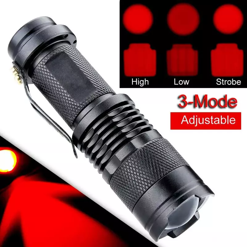 防水LED懐中電灯7W 300ルーメン,ズーム可能,赤色,3つの照明モード,ポータブル,バッテリー14500