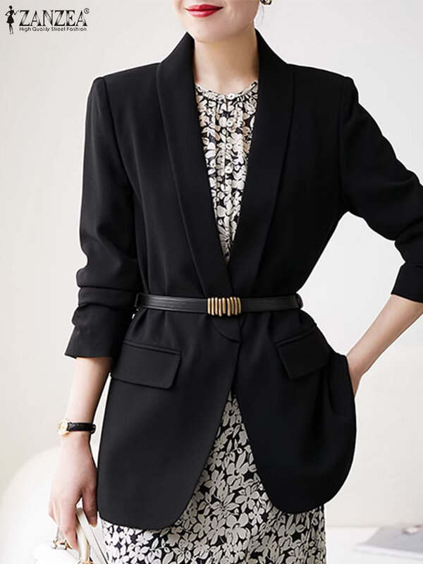 Женский однотонный офисный пиджак ZANZEA 2023, Осенний Элегантный Повседневный тонкий пиджак с длинным рукавом, женская верхняя одежда, модный офисный блейзер