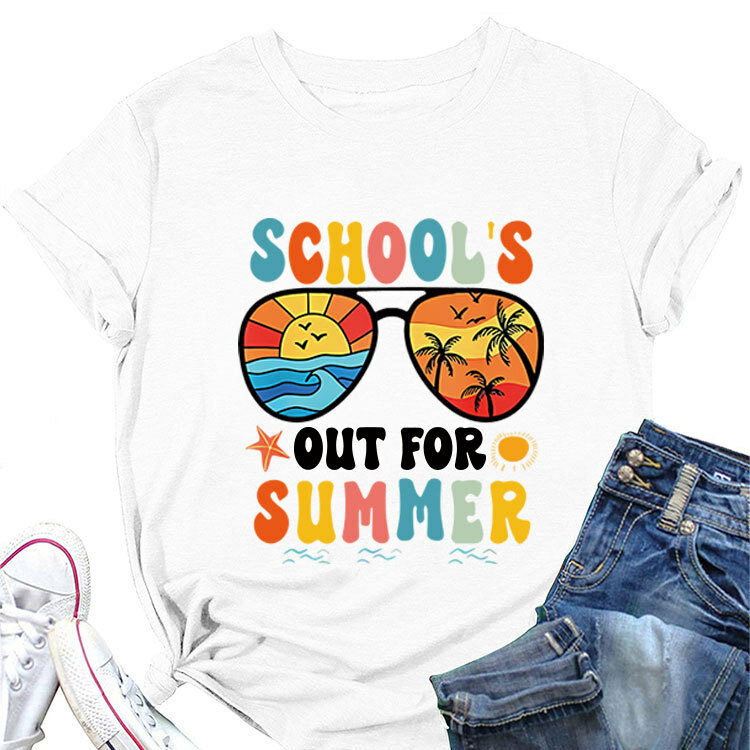 Casual manga curta gola solta top, camiseta estampada para o verão, moda escolar