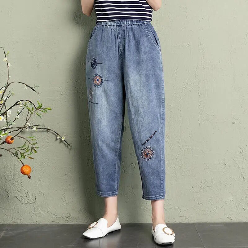 Vintage, w kwiaty hafty wysokiej talii spodnie dżinsowe cienkie szarawary dżinsowe 2022 w stylu etnicznym lato Retro luźne Capris